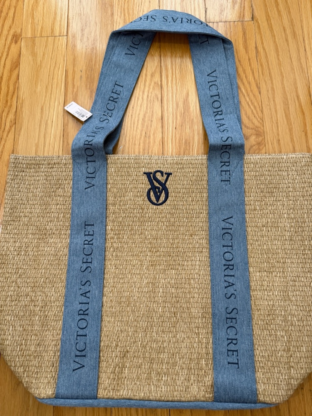 Victoria's Secret Natural Straw Tote with Blue Trim and Logo